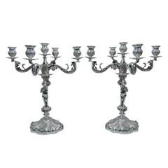 Pair of Sumptuous Silver Five-Light Candelabra with Pretty Putti