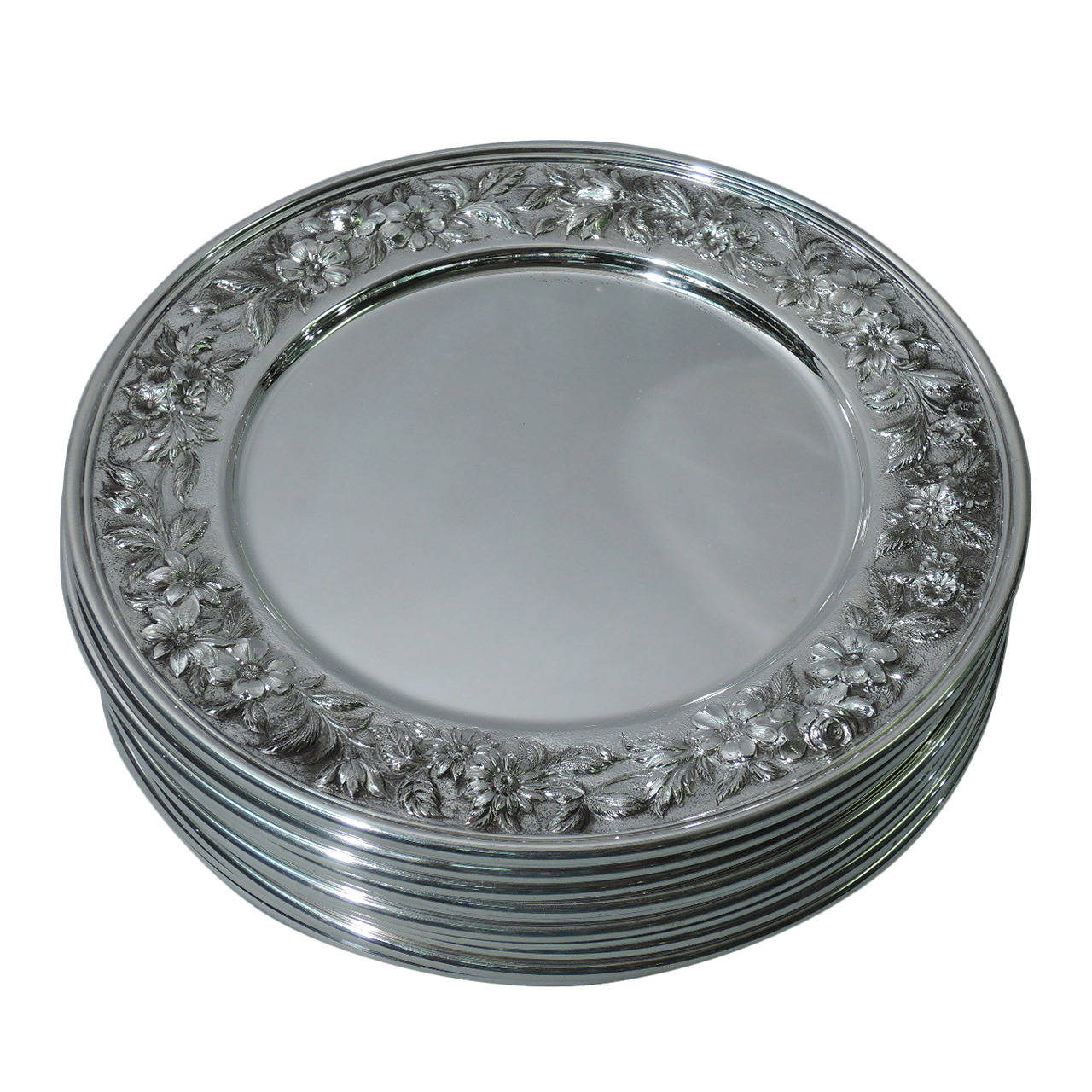 Kirk Dinner Plates, Baltimore Floral Repousse, American Sterling Silver