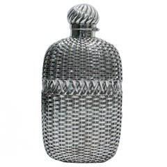 Large and Witty Flask with Silver Basket Weave Overlay by Gorham, 1892