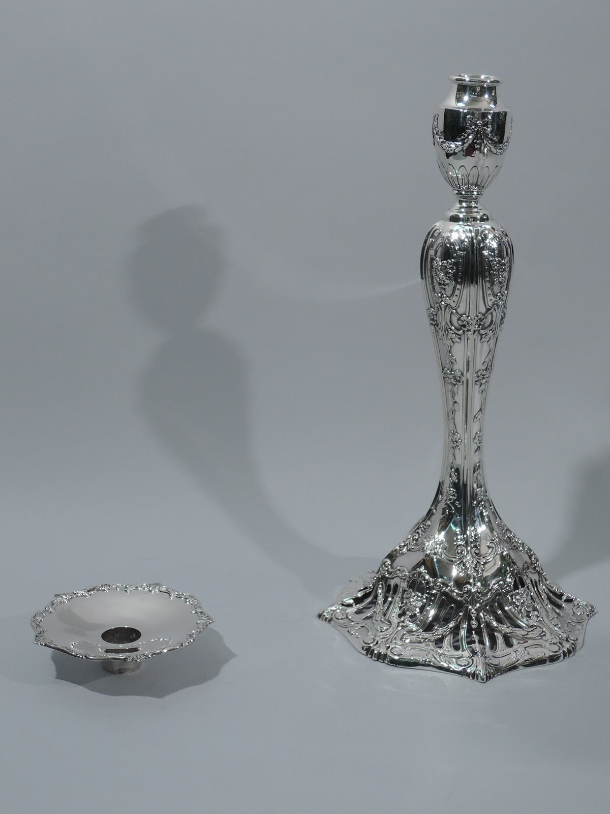 Edwardian Tall and Fancy Sterling Silver Candlesticks from Caldwell of Philadelphia