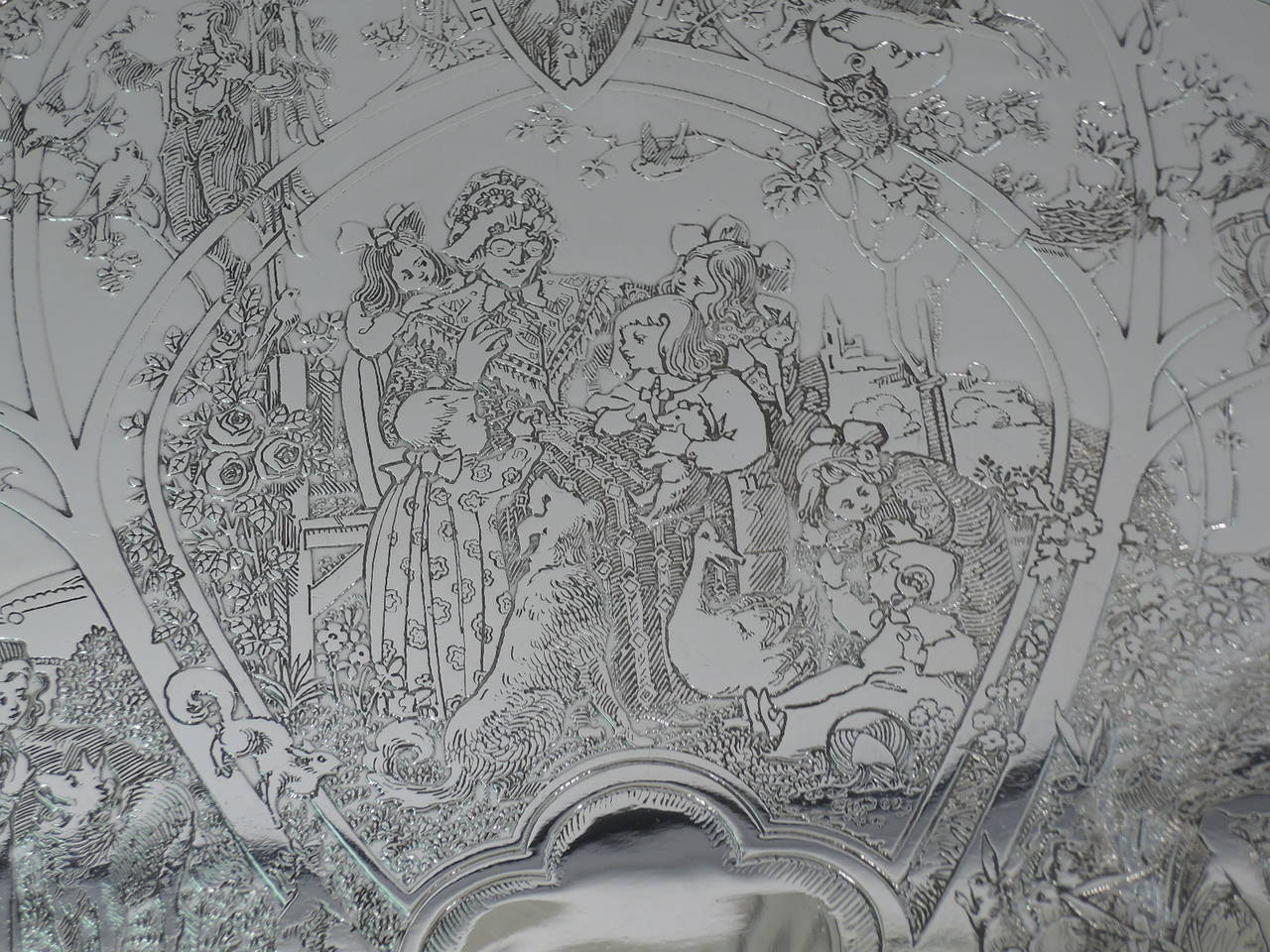 Etched Antique Sterling Silver High Chair Tray with Nostalgic Mother Goose Motif