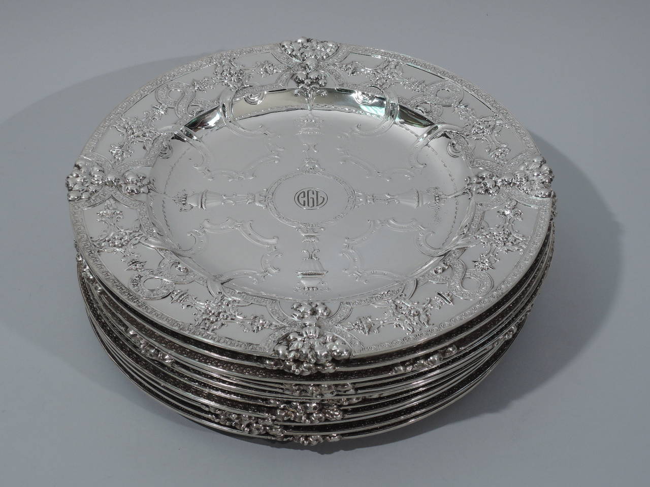 Renaissance Revival Set of 12 Fabulous Renaissance Sterling Silver Plates by Tiffany