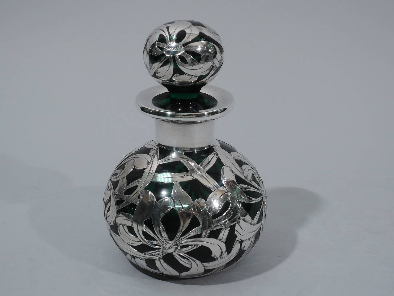 Art Nouveau Antique Emerald Glass Perfume Bottle with Floral Overlay