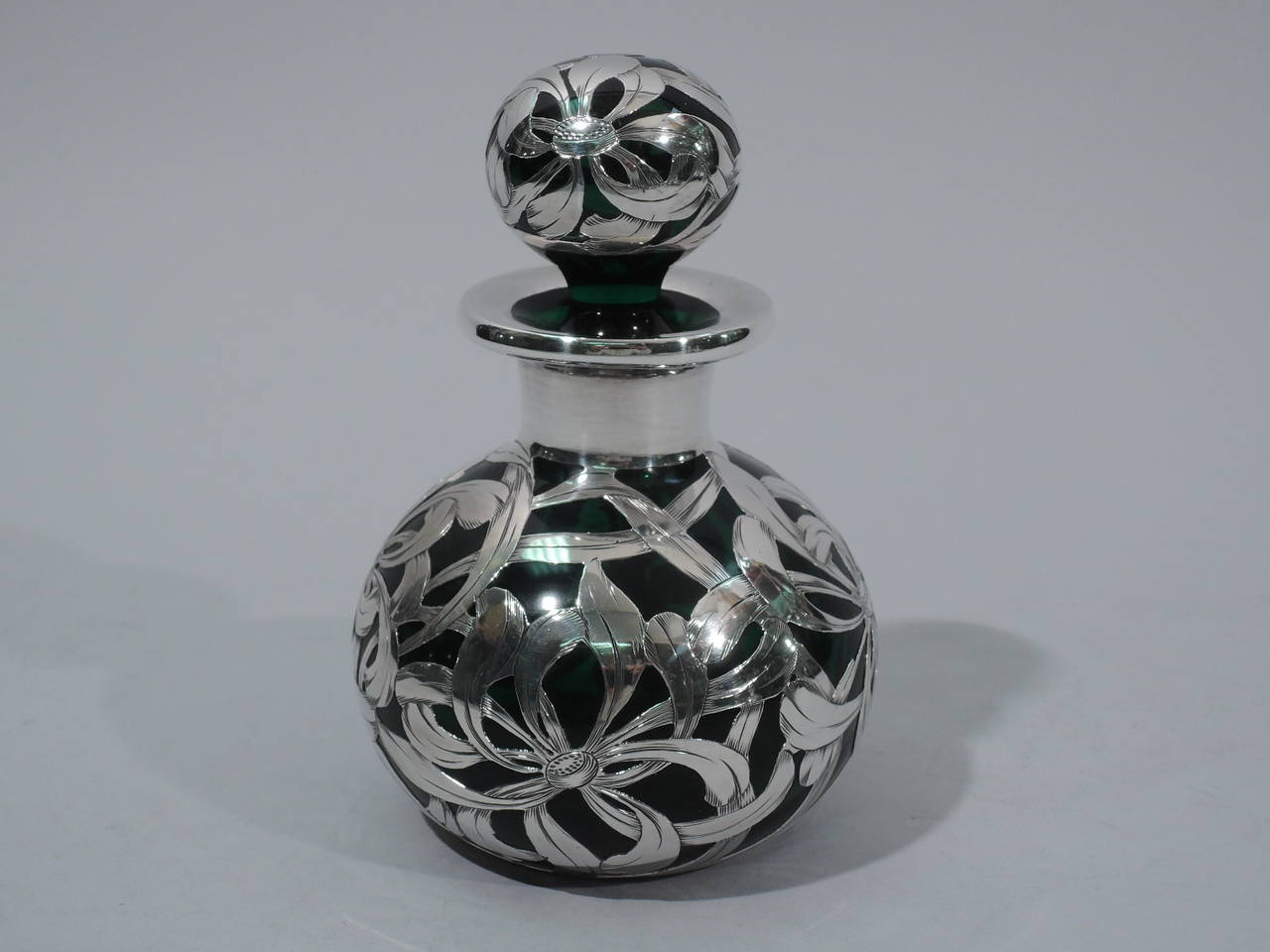 American Antique Emerald Glass Perfume Bottle with Floral Overlay