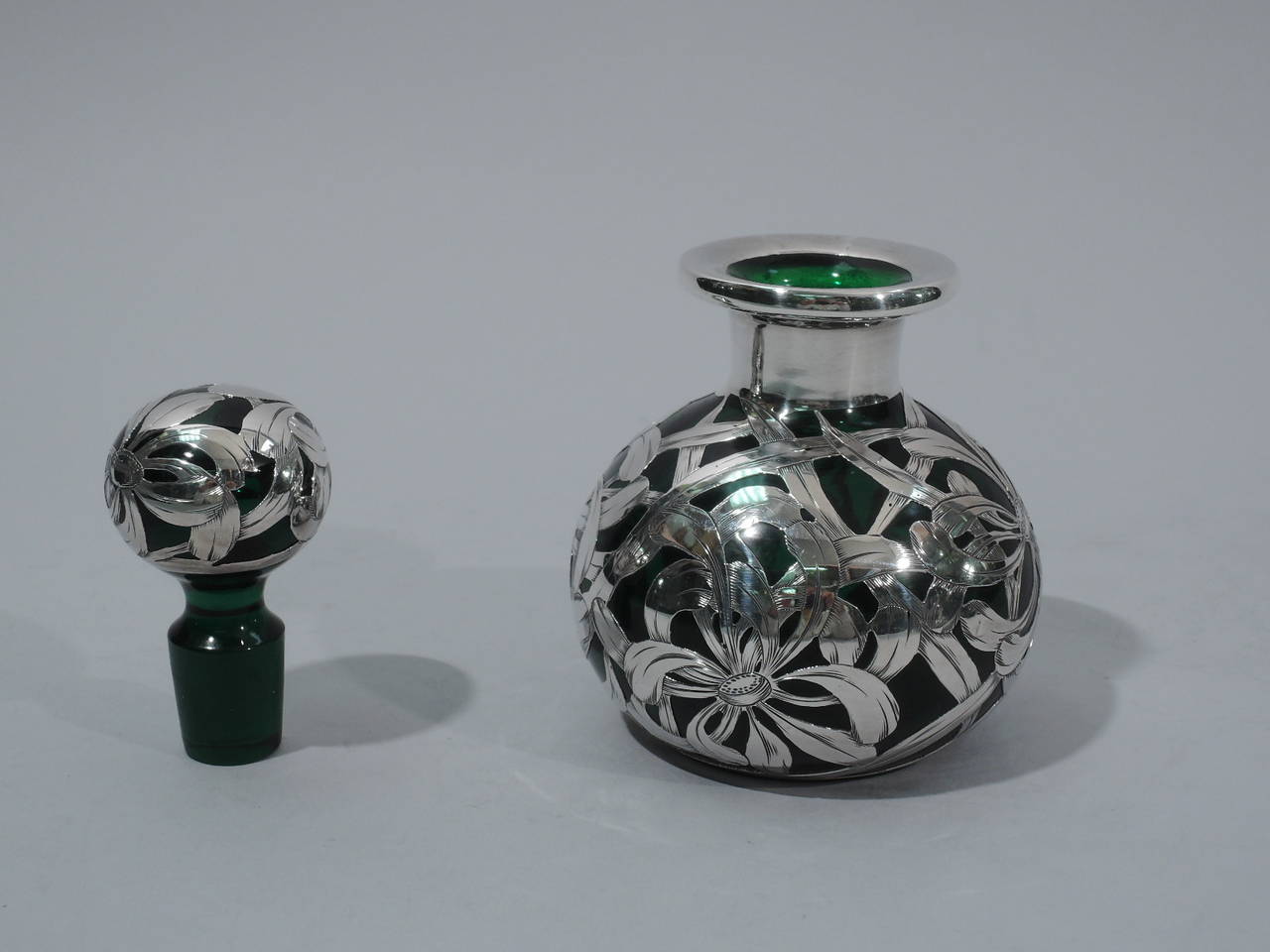 Antique Emerald Glass Perfume Bottle with Floral Overlay In Excellent Condition In New York, NY