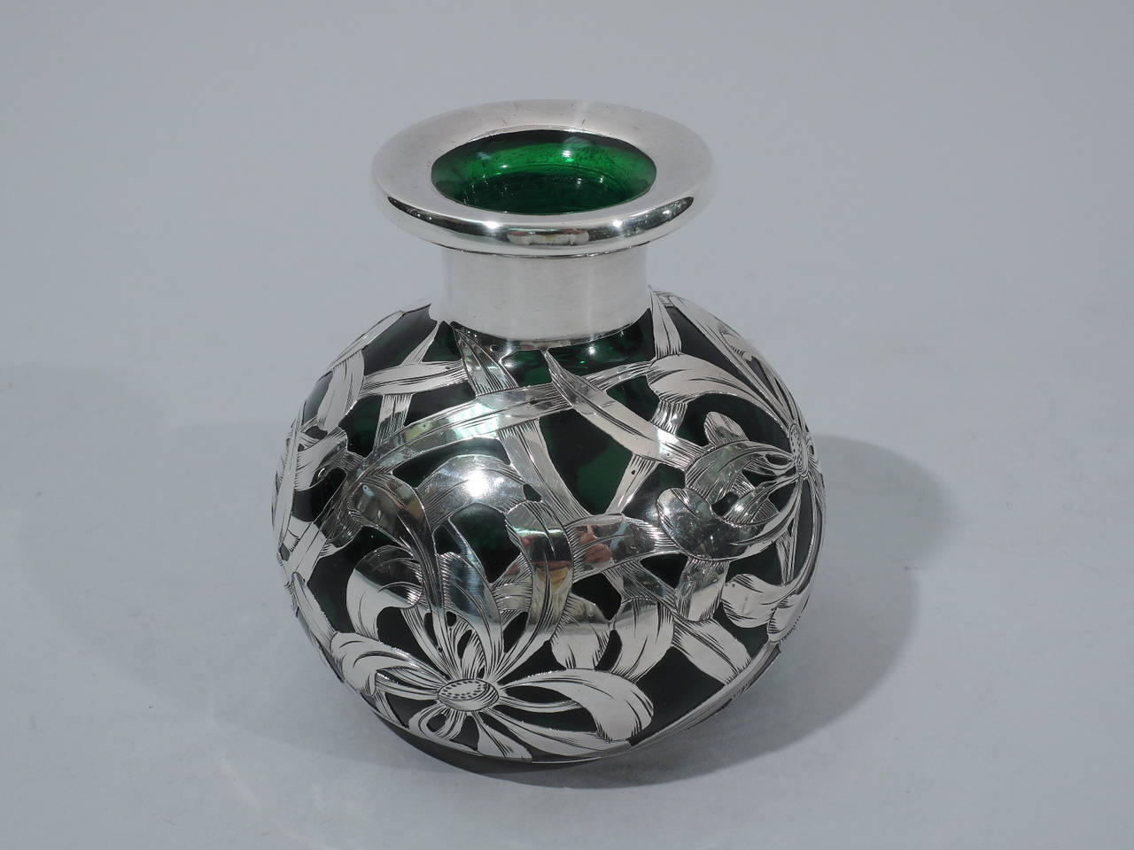 20th Century Antique Emerald Glass Perfume Bottle with Floral Overlay
