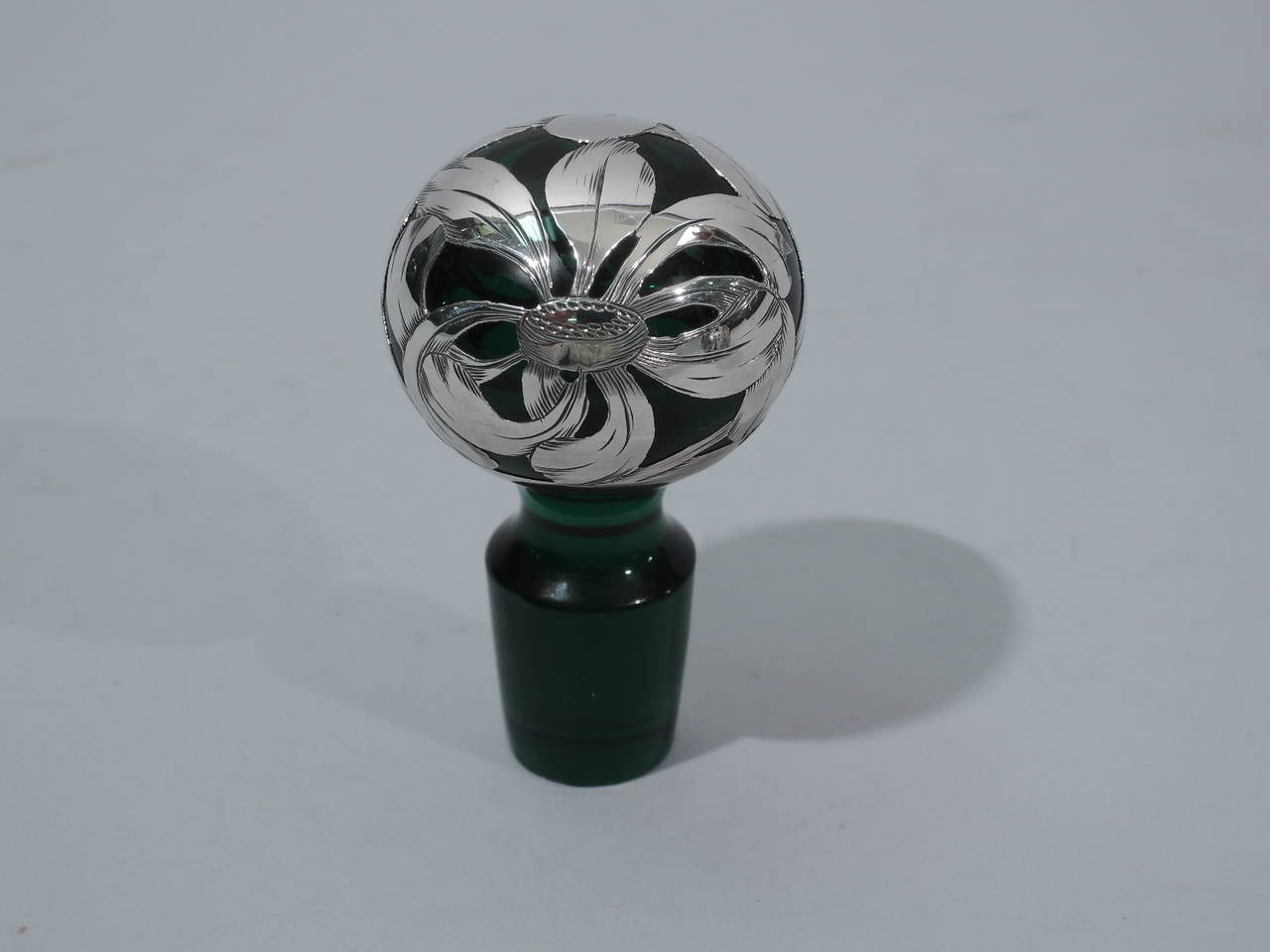 Sterling Silver Antique Emerald Glass Perfume Bottle with Floral Overlay