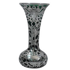 Dramatic Art Nouveau Emerald Glass Vase with Silver Overlay by Alvin