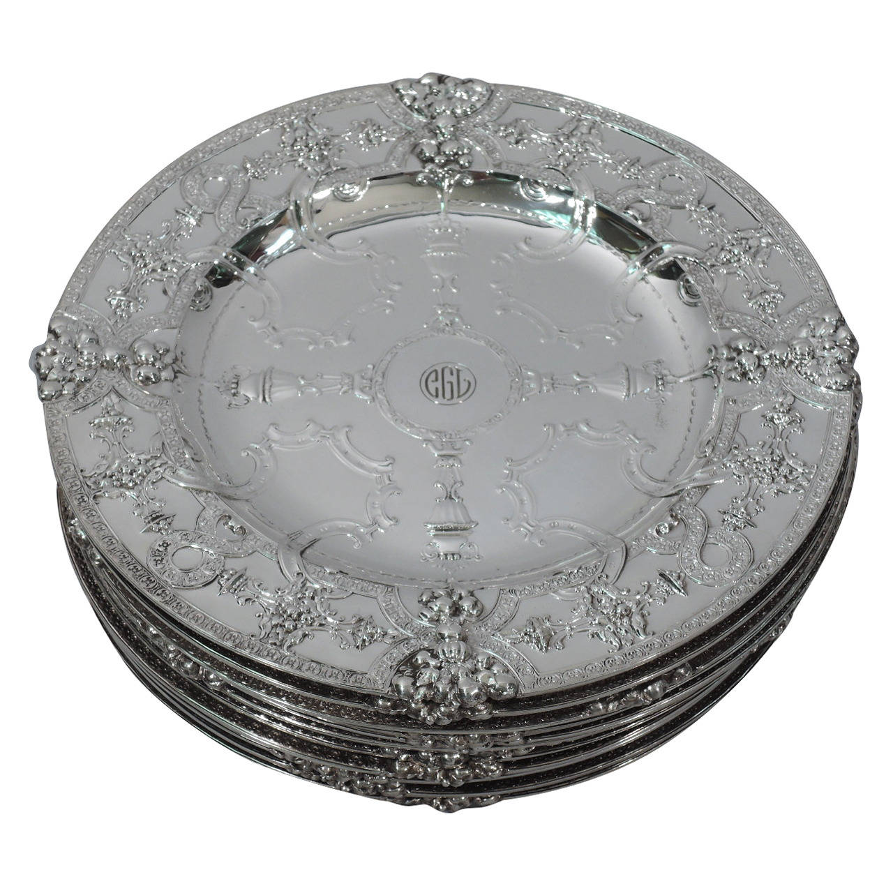 Set of 12 Fabulous Renaissance Sterling Silver Plates by Tiffany For