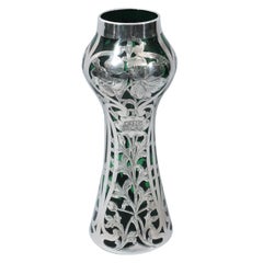 Art Nouveau Emerald Glass Vase with Silver Overlay by Alvin