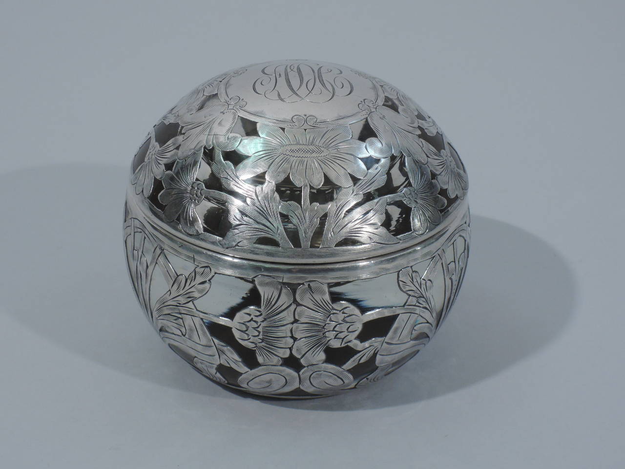 Art Nouveau Antique Globular Inkwell in Clear Glass with Floral Silver Overlay