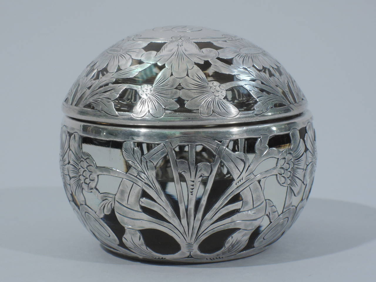 Antique Globular Inkwell in Clear Glass with Floral Silver Overlay In Excellent Condition In New York, NY