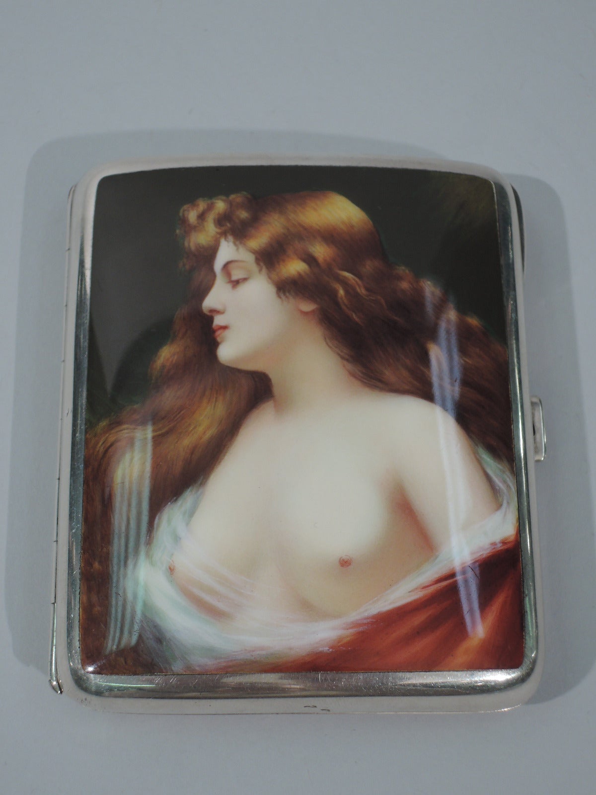 European Silver and Enamel Cigarette Case with Alluring Lorelei In Excellent Condition In New York, NY