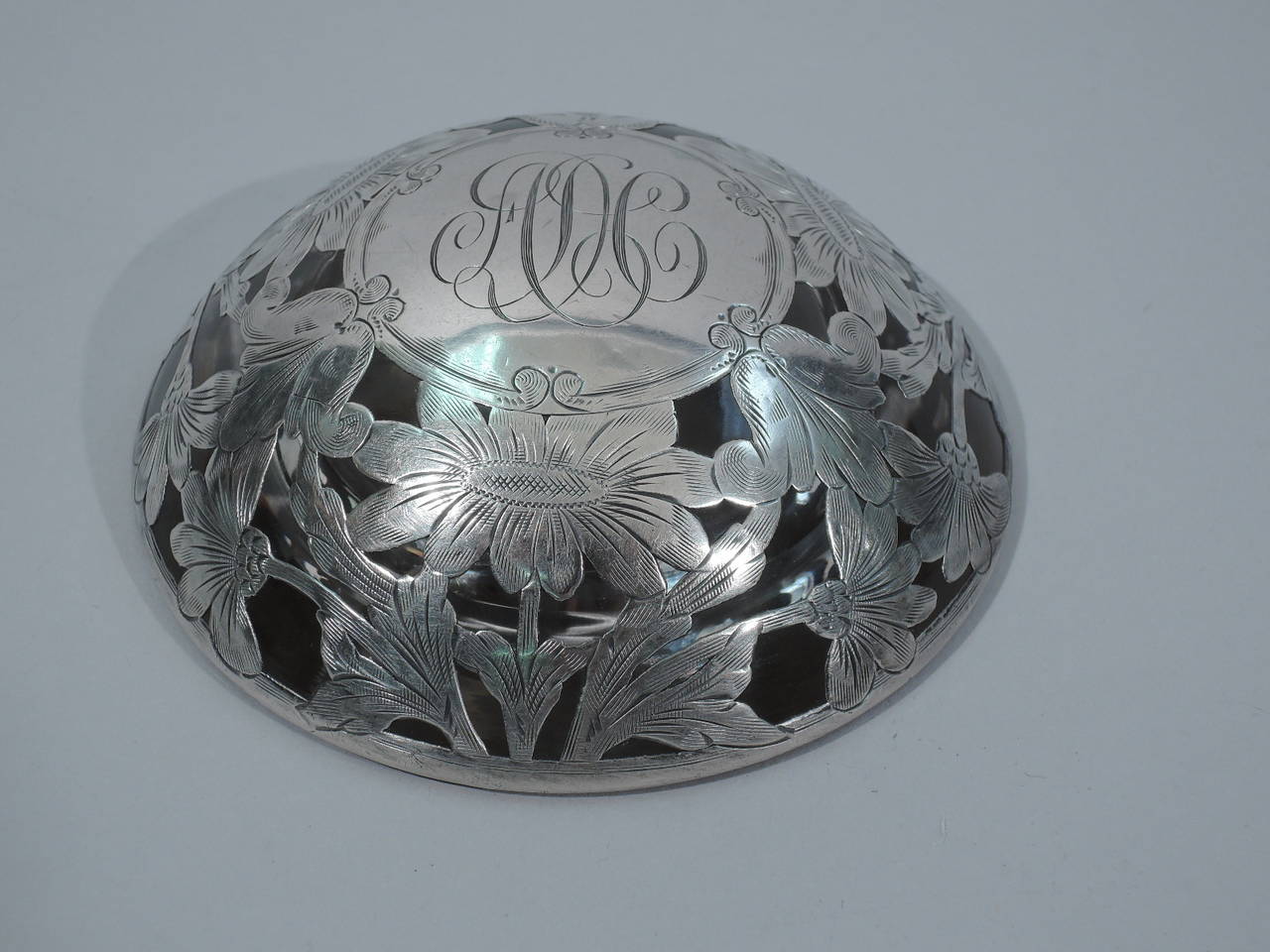 Antique Globular Inkwell in Clear Glass with Floral Silver Overlay 3
