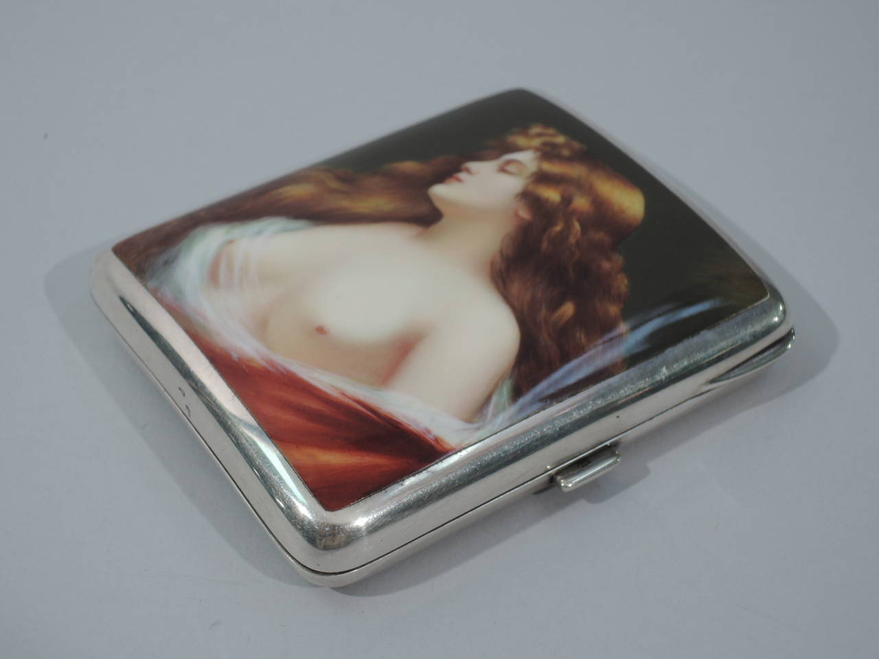 Sterling Silver European Silver and Enamel Cigarette Case with Alluring Lorelei