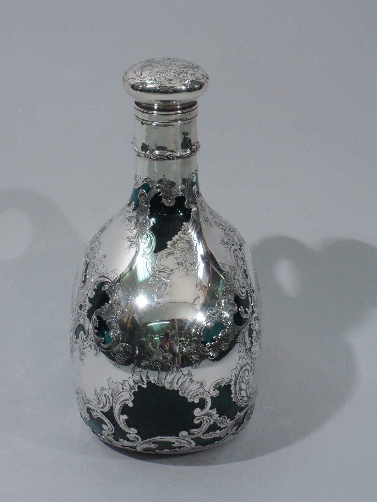 Art Nouveau Antique Gorham Jug Decanter in Emerald Glass with Silver Overlay