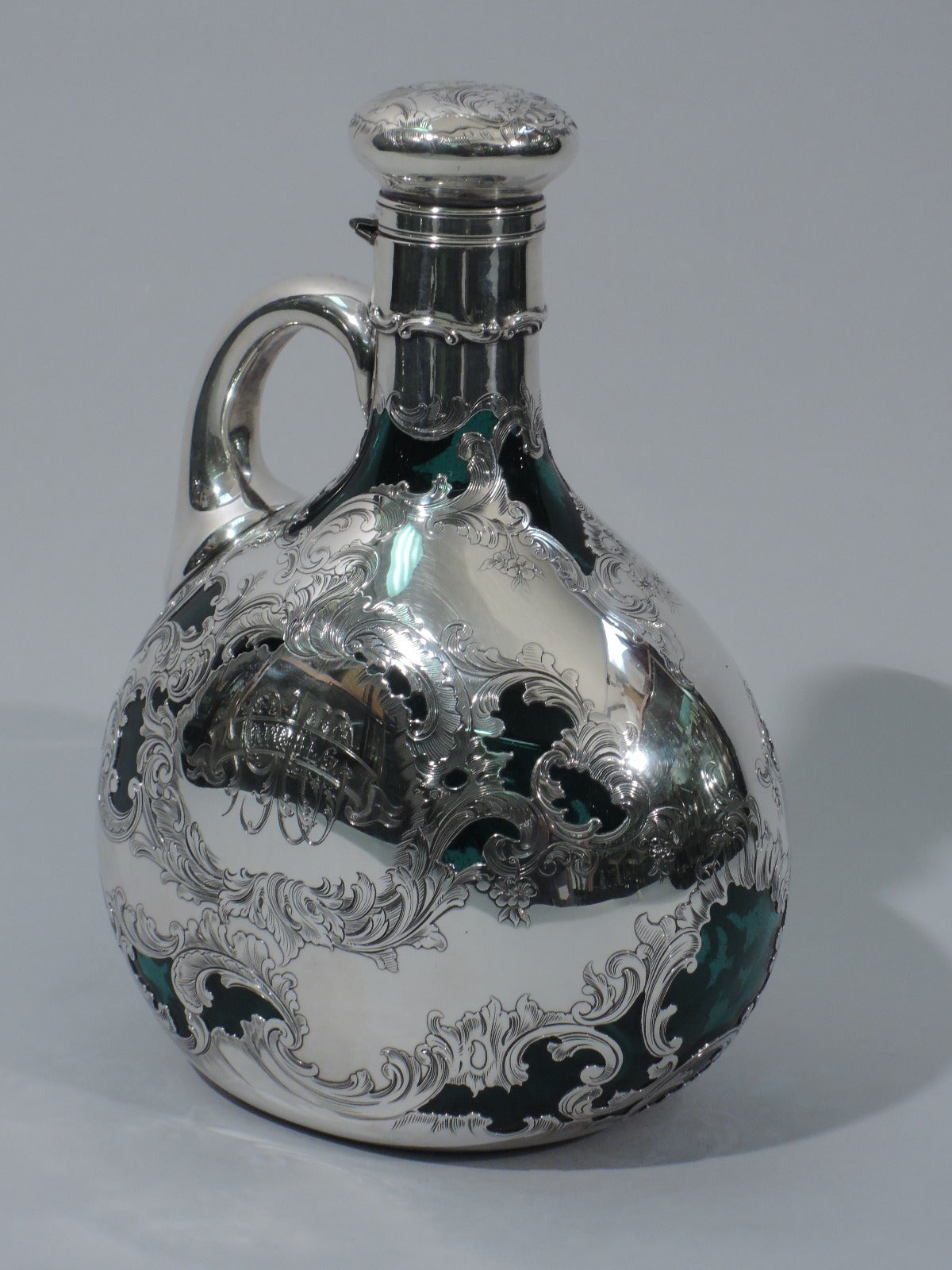 American Antique Gorham Jug Decanter in Emerald Glass with Silver Overlay