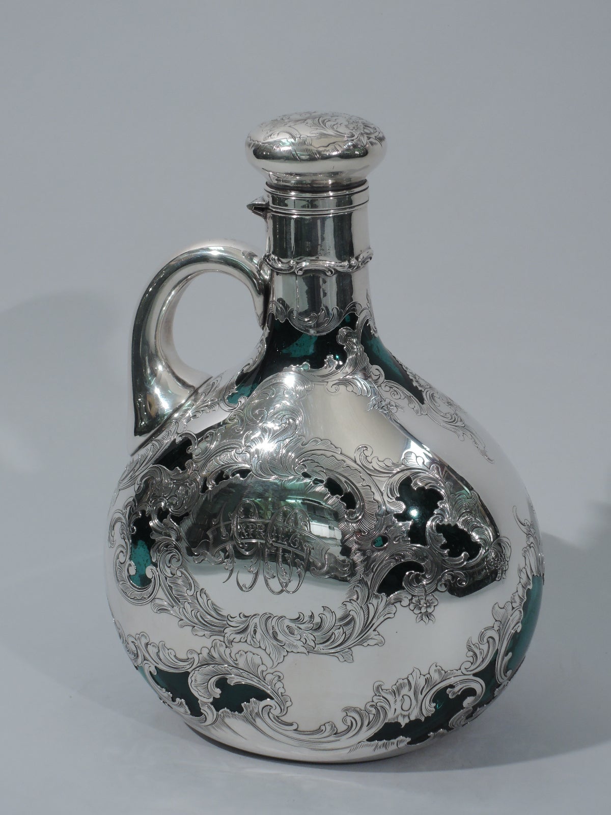 Antique Gorham Jug Decanter in Emerald Glass with Silver Overlay In Excellent Condition In New York, NY
