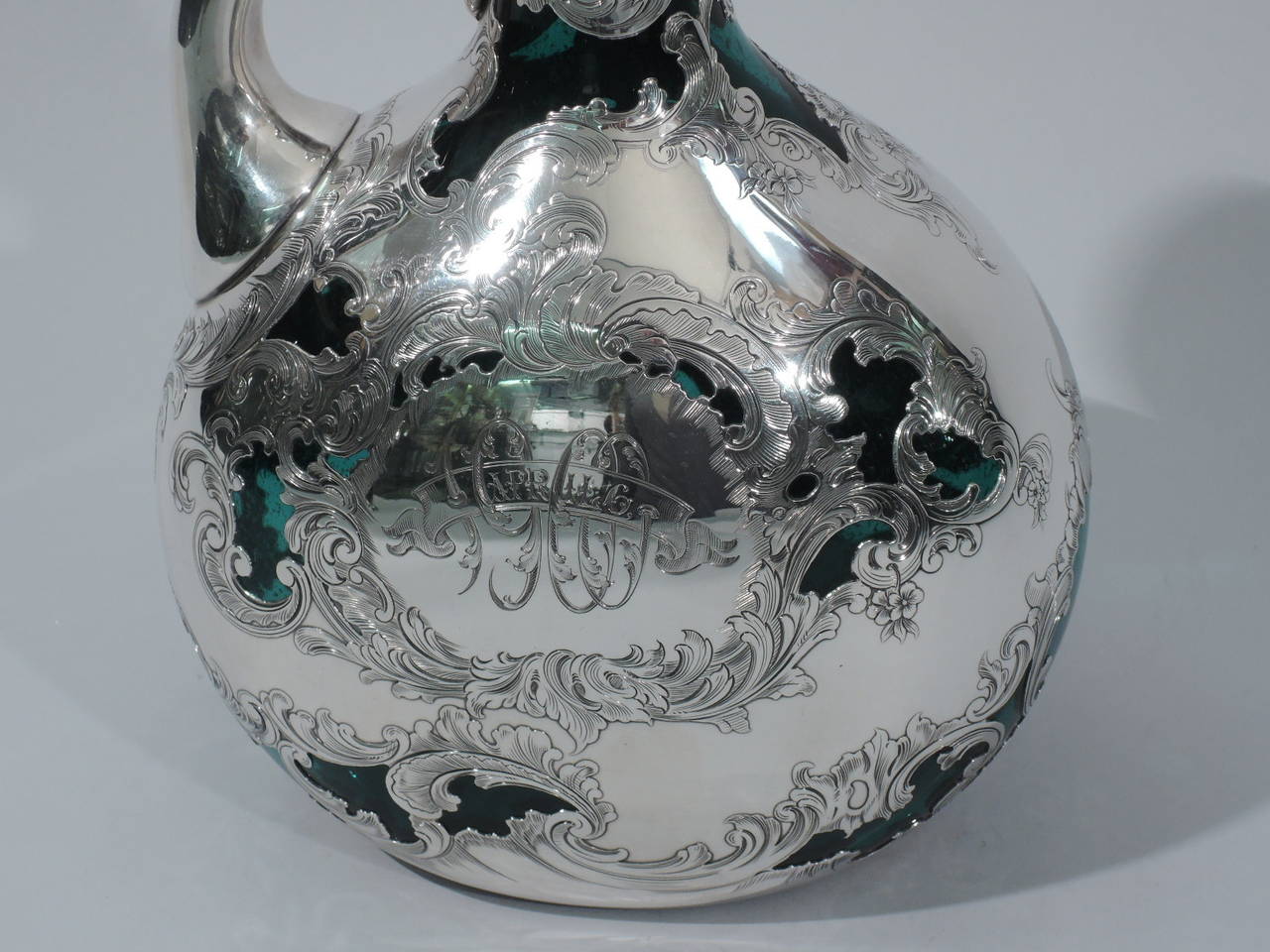 19th Century Antique Gorham Jug Decanter in Emerald Glass with Silver Overlay