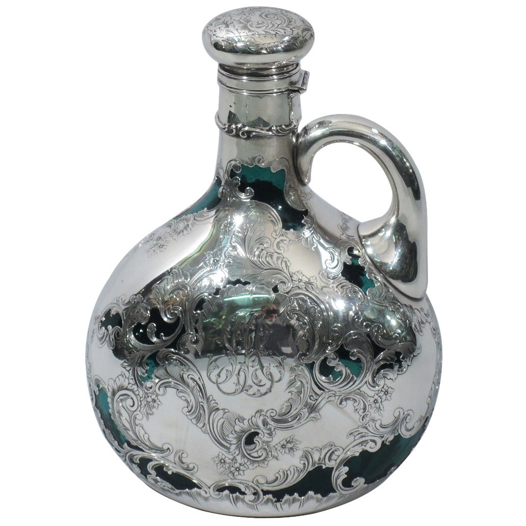 Antique Gorham Jug Decanter in Emerald Glass with Silver Overlay