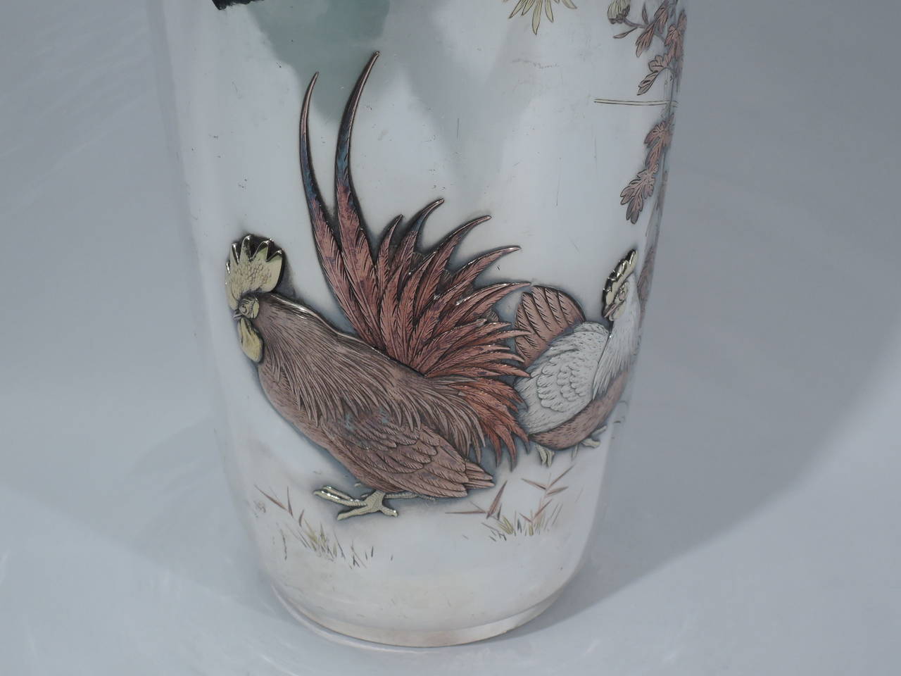 Large Japanese Silver and Mixed-Metal Vase with Flurried Fowl 1