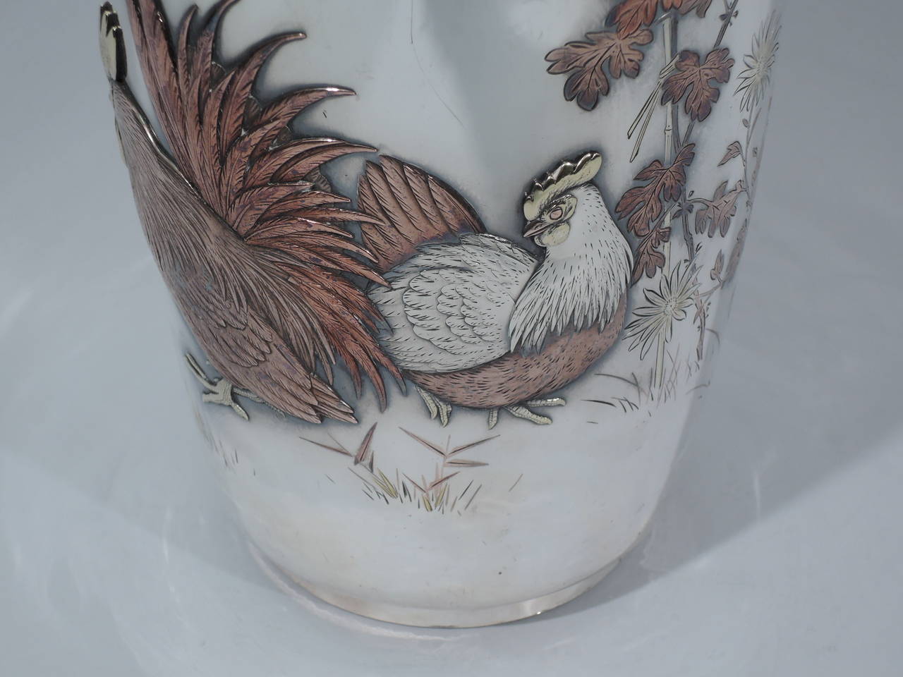 Large Japanese Silver and Mixed-Metal Vase with Flurried Fowl 2