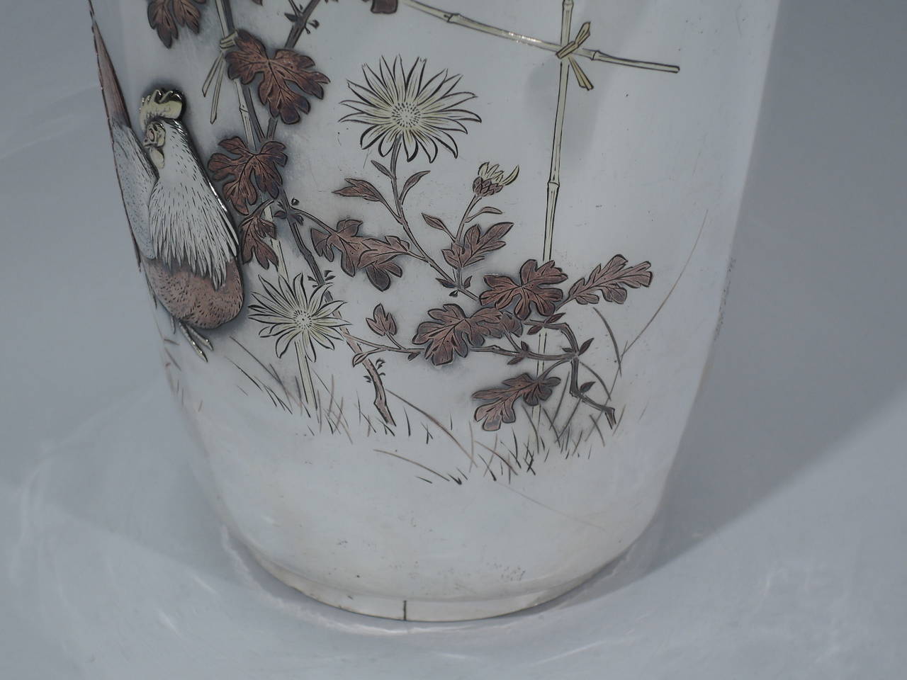Large Japanese Silver and Mixed-Metal Vase with Flurried Fowl 3
