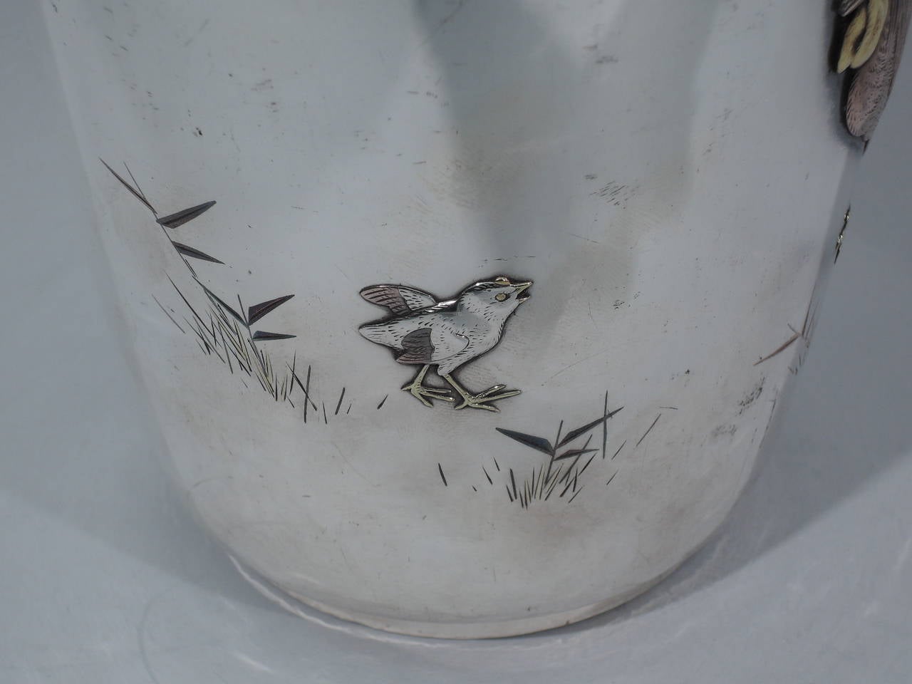 Large Japanese Silver and Mixed-Metal Vase with Flurried Fowl 4