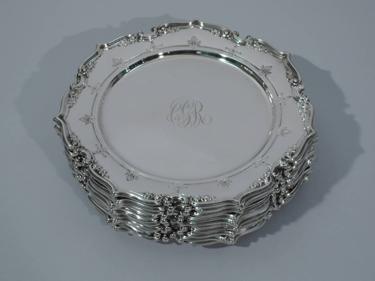 American Set of 12 Gorham Sterling Silver Bread and Butter Plates with Fancy Scrolls
