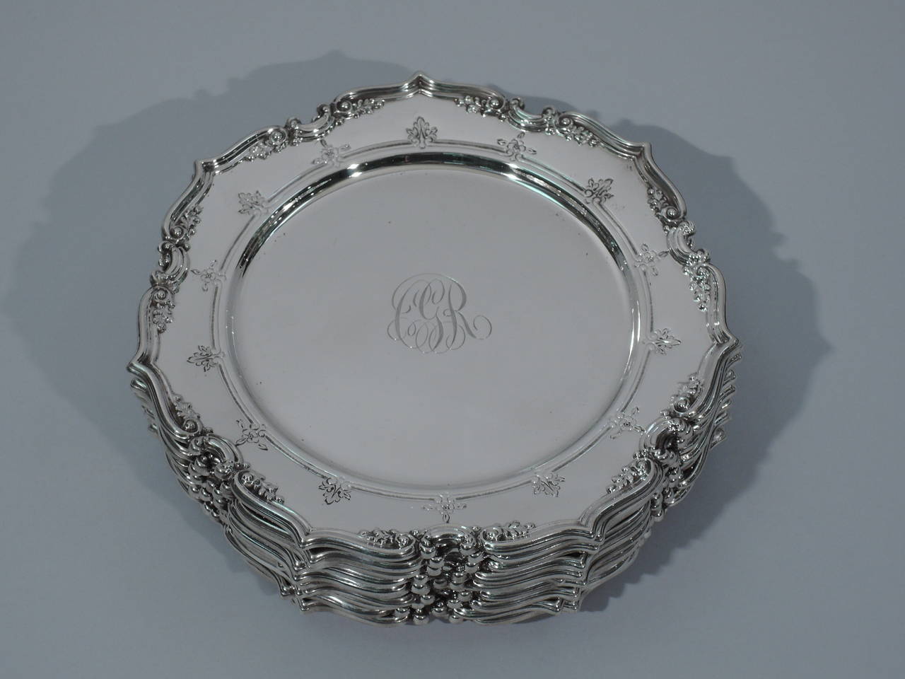 20th Century Set of 12 Gorham Sterling Silver Bread and Butter Plates with Fancy Scrolls