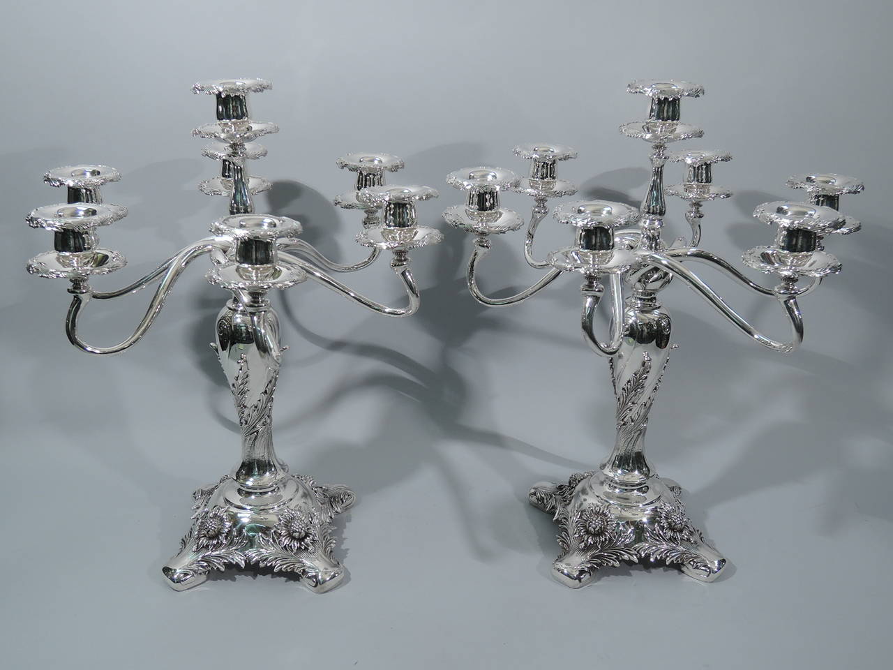 Pair of seven-light sterling silver candelabra in Chrysanthemum pattern. Made by Tiffany & Co. in New York, ca 1910. 

Each: baluster shaft on raised square foot resting on flat volute corner supports. Single central light surrounded by six scrolled