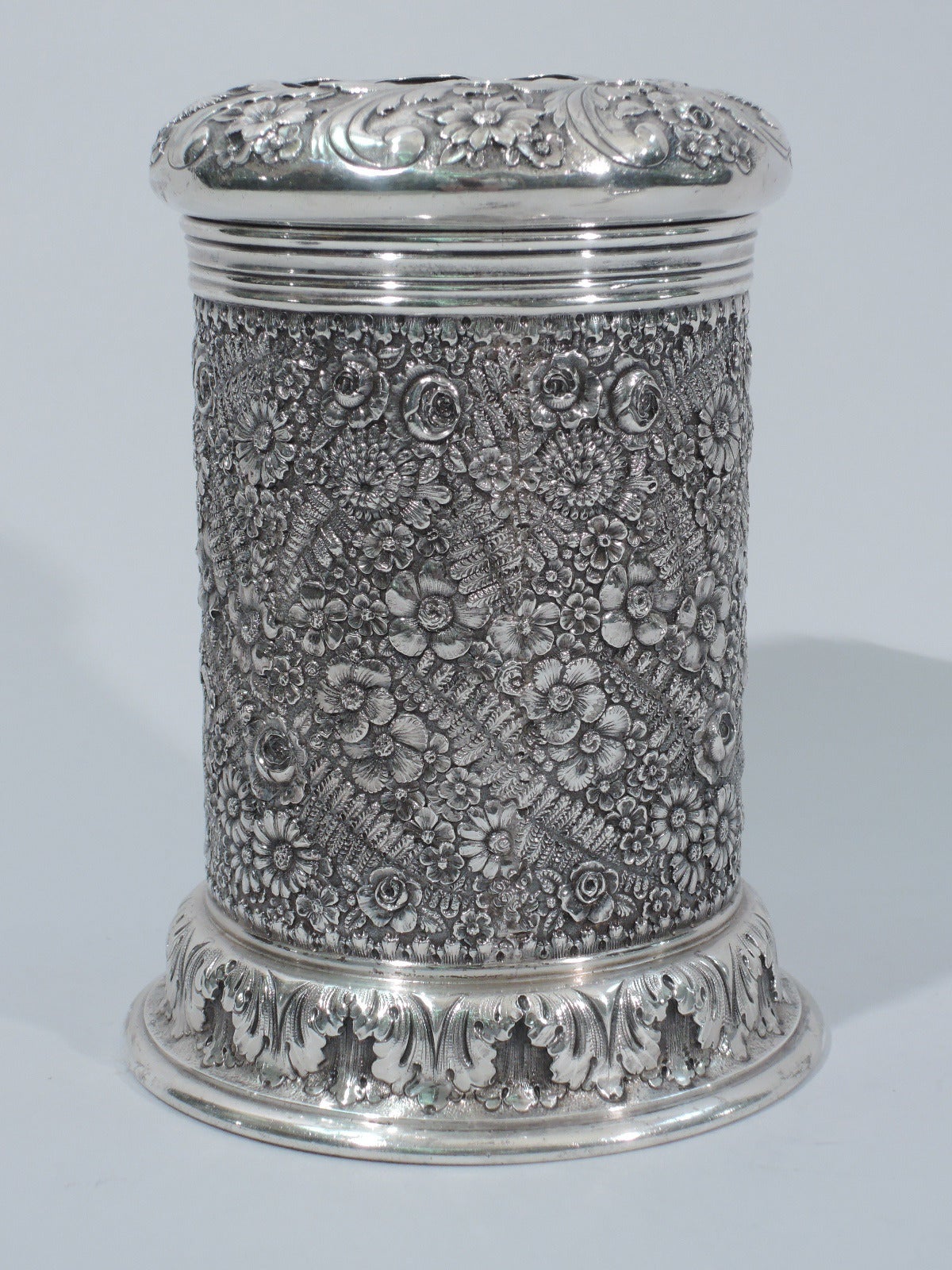 Late Victorian Unusual Sterling Silver Shaker with Floral Repousse by Tiffany 