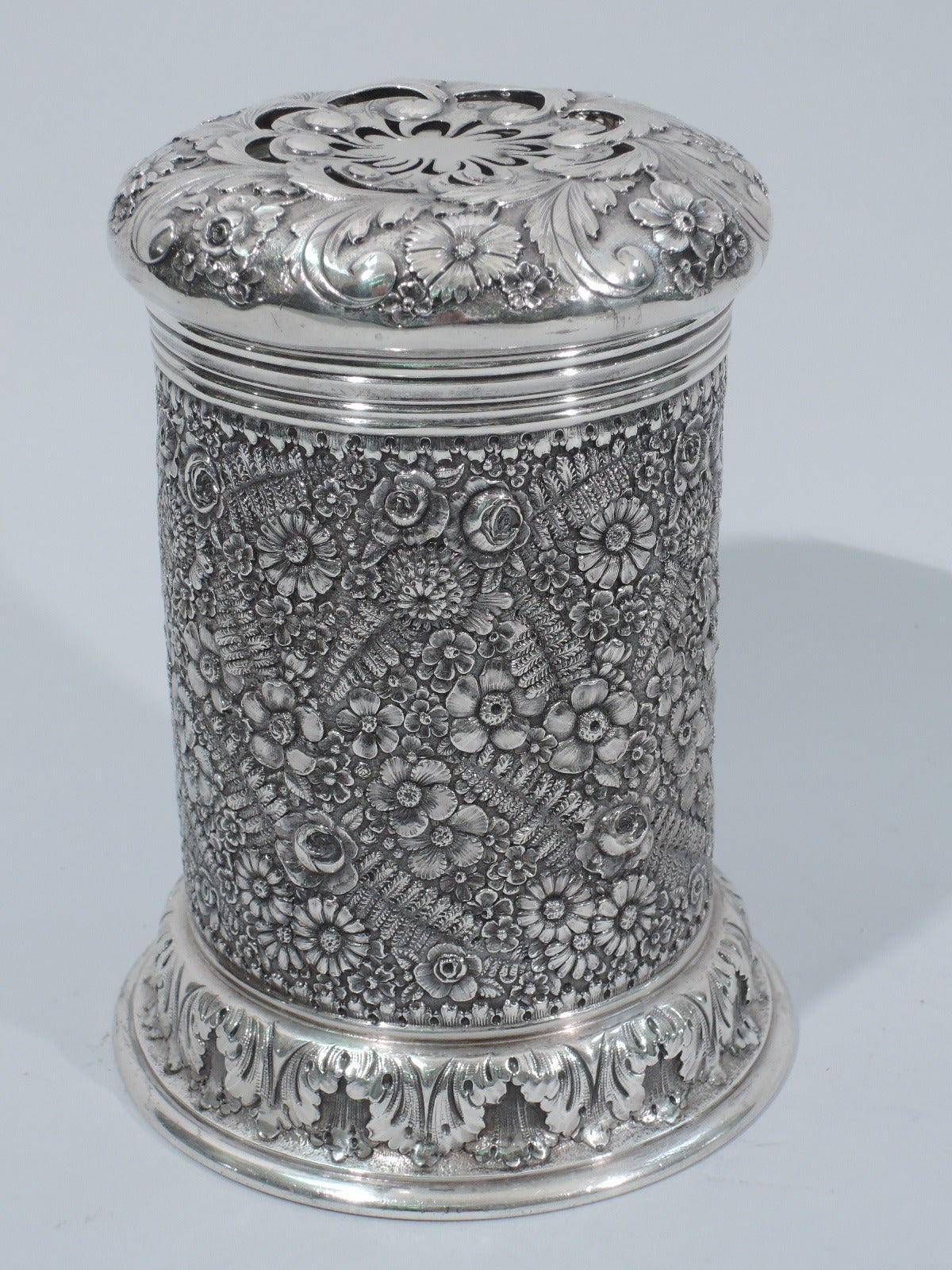 American Unusual Sterling Silver Shaker with Floral Repousse by Tiffany 