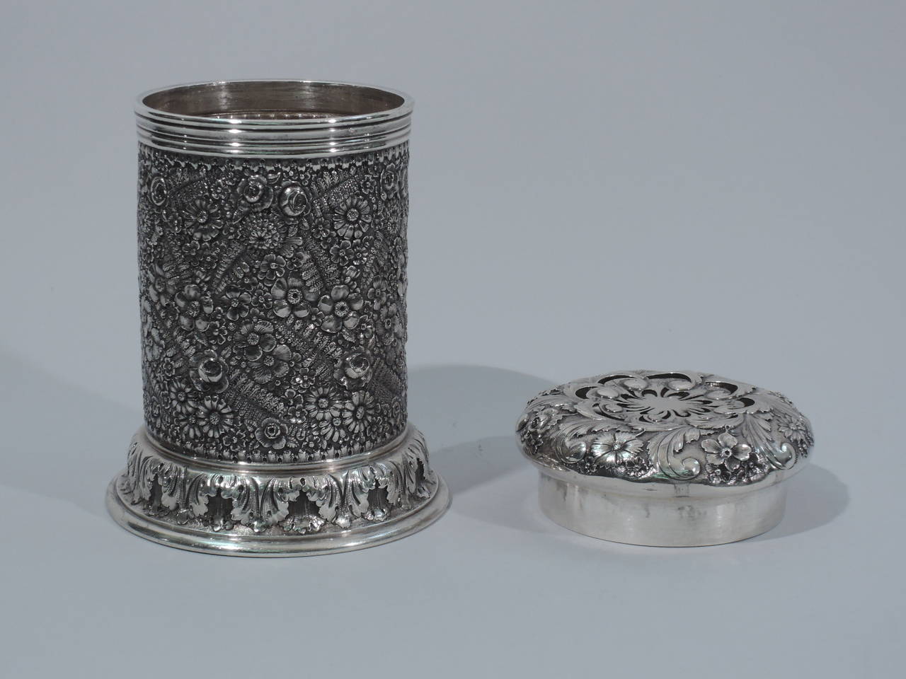 19th Century Unusual Sterling Silver Shaker with Floral Repousse by Tiffany 