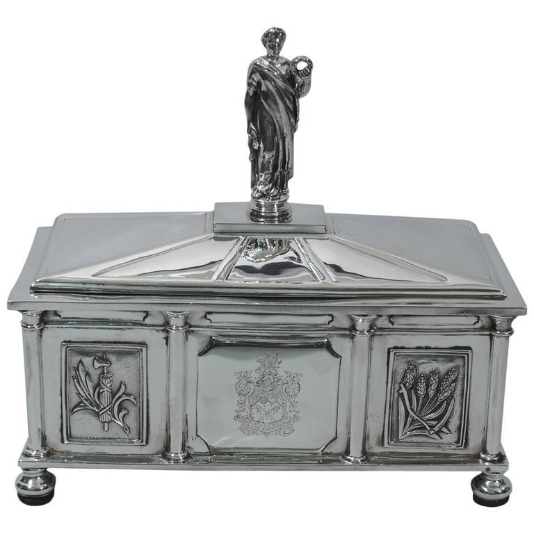 Architectural Coffer Box with Classical Figure - English Sterling Silver 1930 4