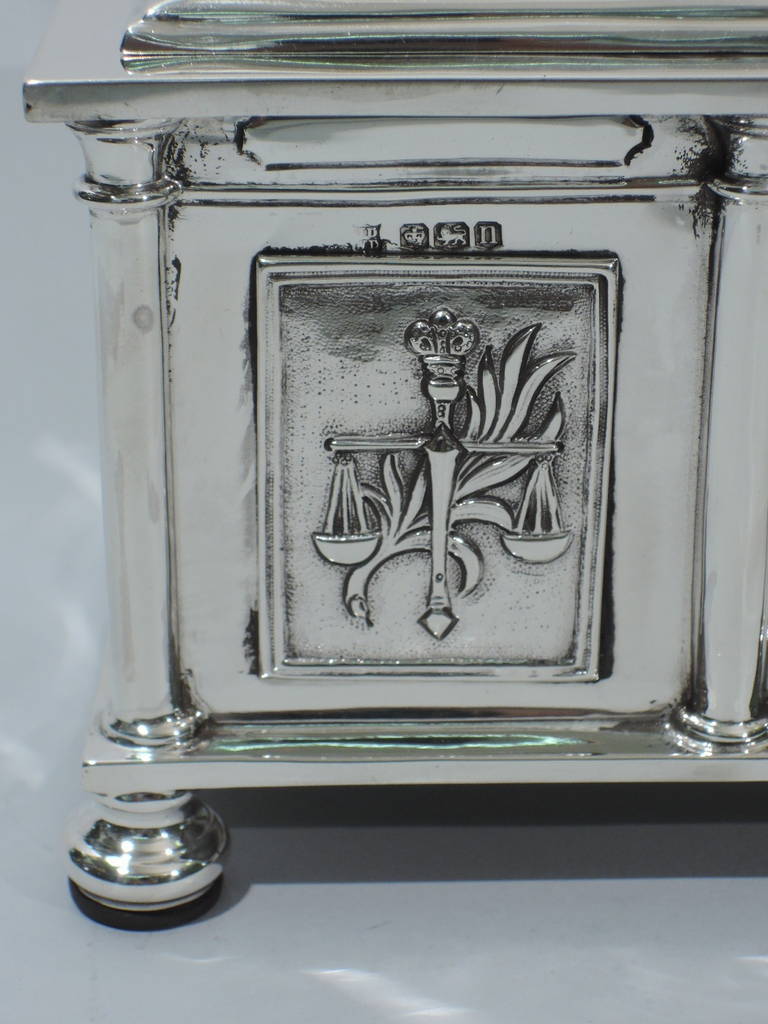 Neoclassical Revival Architectural Coffer Box with Classical Figure - English Sterling Silver 1930