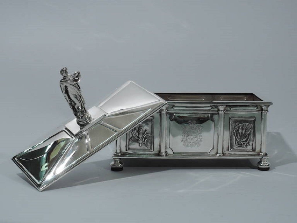 Architectural Coffer Box with Classical Figure - English Sterling Silver 1930 1