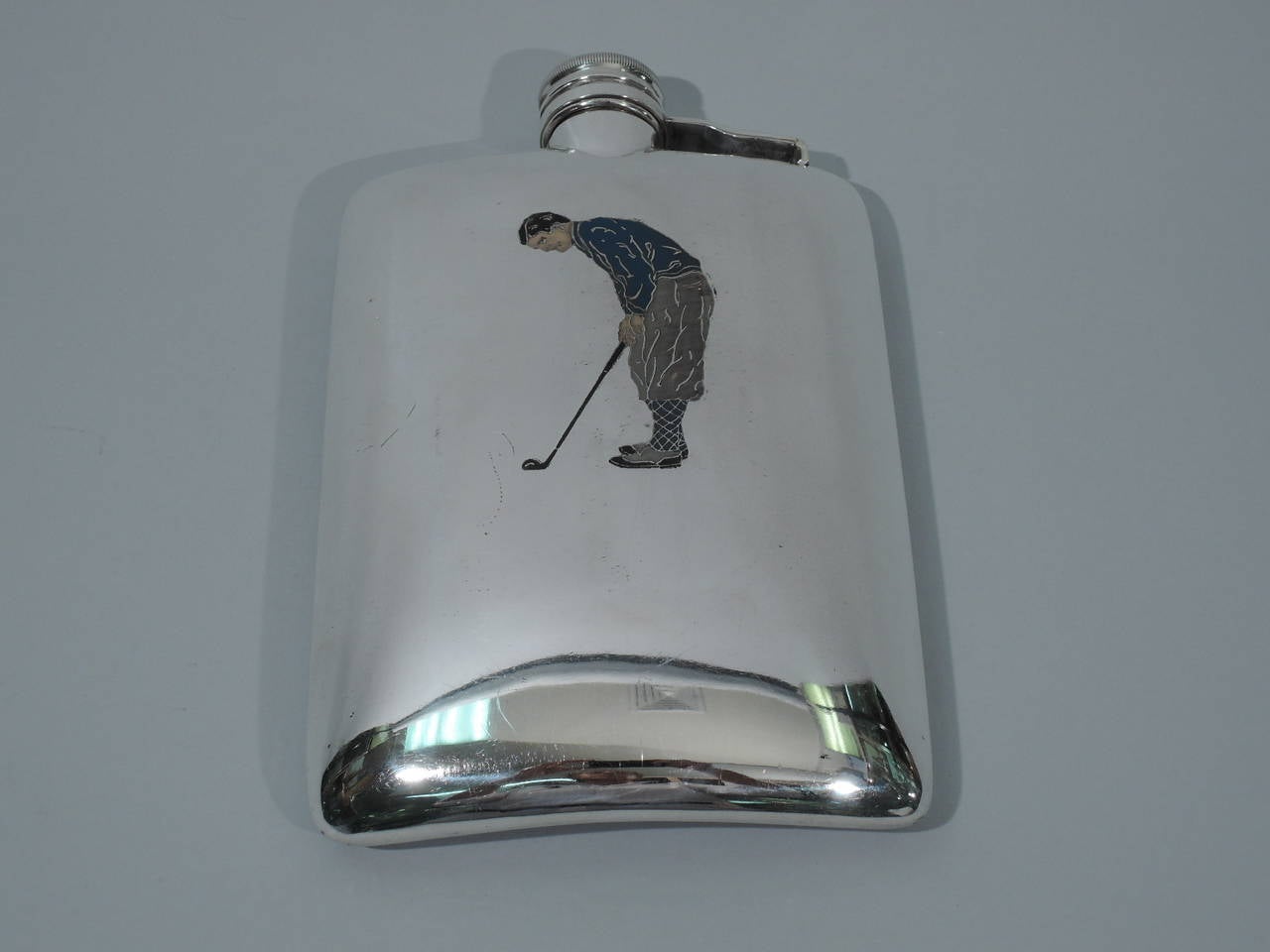 Large American Flask with Enamel Golfer C 1920  BI729