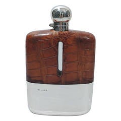 Antique Large Safari Flask in Sterling Silver and Leather, 1923