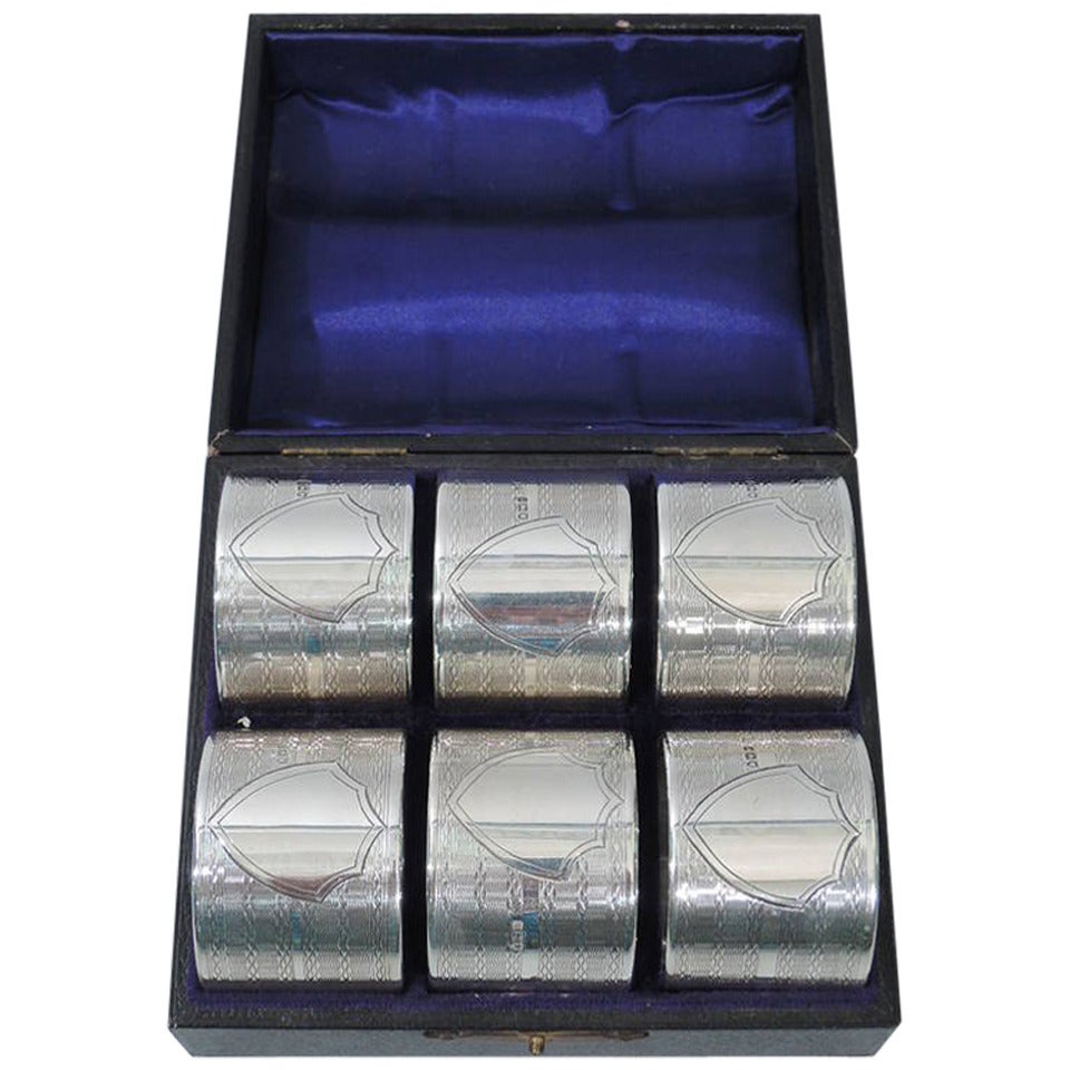 Set of 6 Art Deco Napkin Rings - Modern English Sterling Silver - 1913