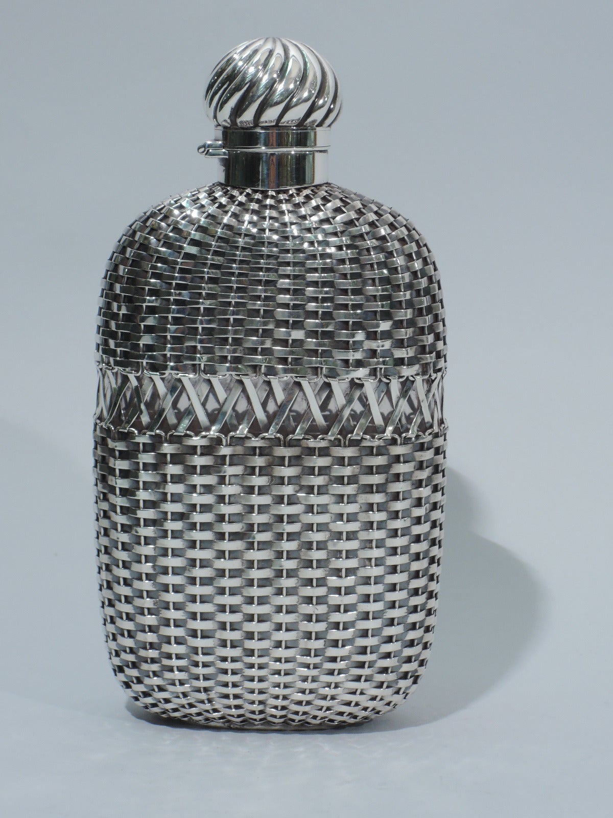 Large and Witty Flask with Silver Basket Weave Overlay by Gorham, 1892