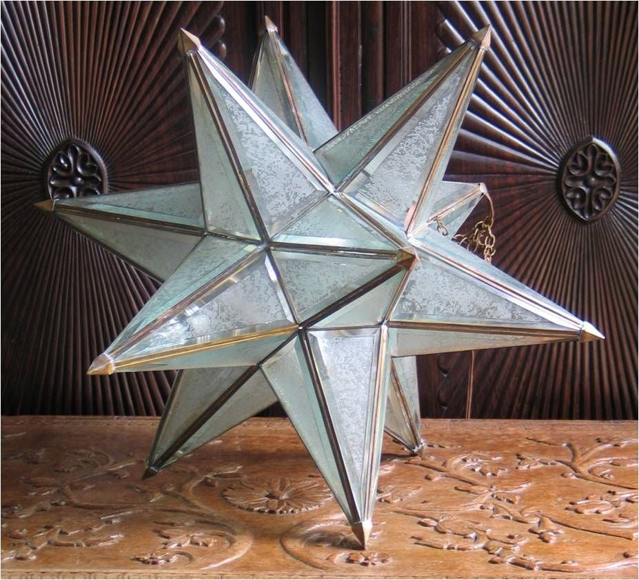 CON22662    <br />
A c. 1900 - c. 1920's Moravian star hanging fixture from India. The panels are both clear and etched glass with solid brass frame work.                               24 in. point to point