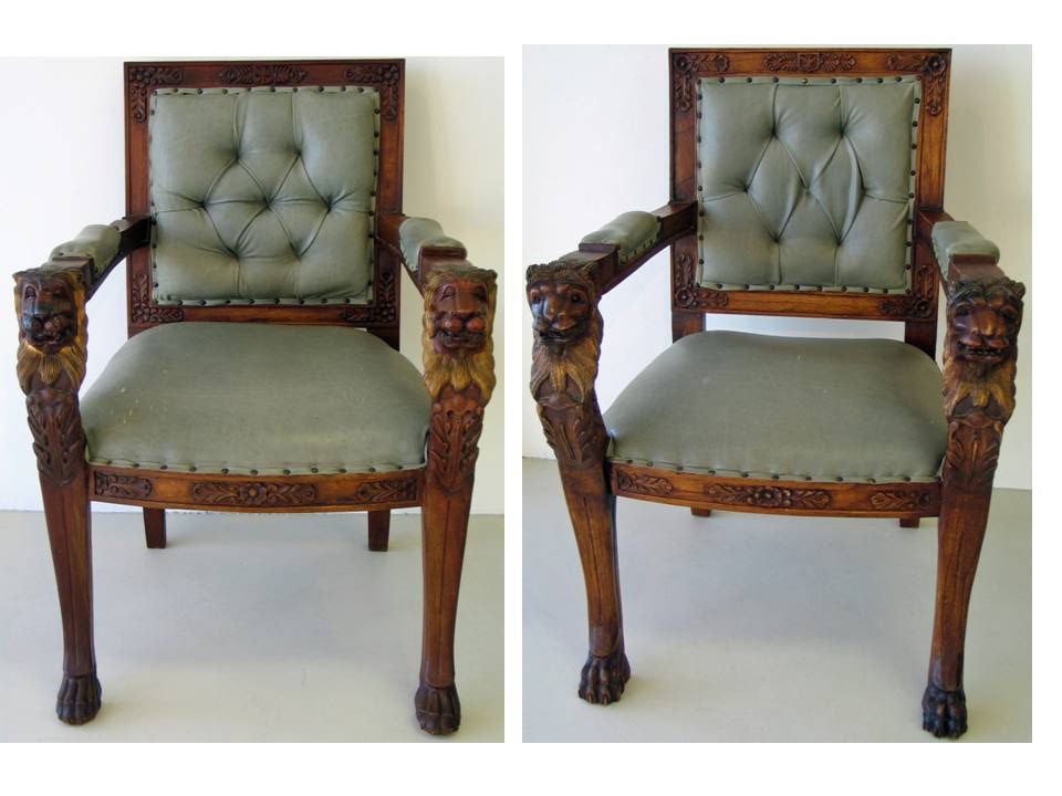 CON22500   <br />
A pair of Chinese Export chairs in the Continental taste. Late 19th.c., hand carved lion masques, with gilt manes, paw feet. A unique pr. from the same workshop w/different treatments  <br />
        36 in. H x 25.50 in. W x 26