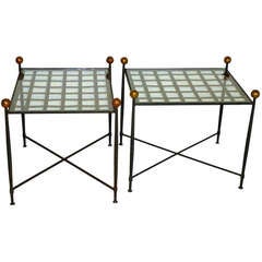 Vintage Pair of Glass Top Wrought Iron End Tables by Salterini circa 1960