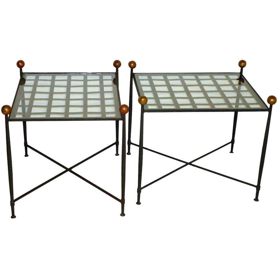 Pair of Glass Top Wrought Iron End Tables by Salterini circa 1960