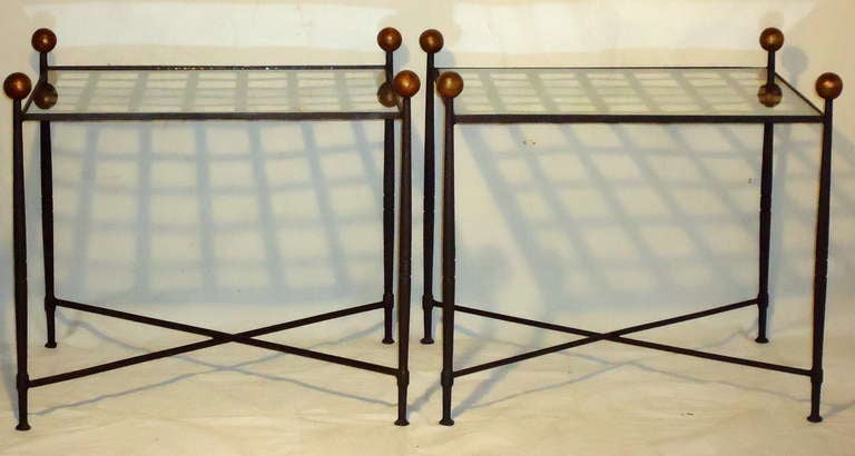 American Pair of Glass Top Wrought Iron End Tables by Salterini circa 1960