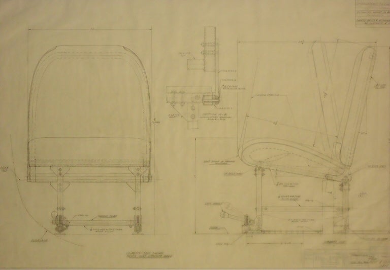 Interesting vintage proposal drawing in 1/2 scale of an aircraft co-pilot seat. Dated 1/12/46 from the Warren McArthur Corporation.
Drawing measures 26 x 44