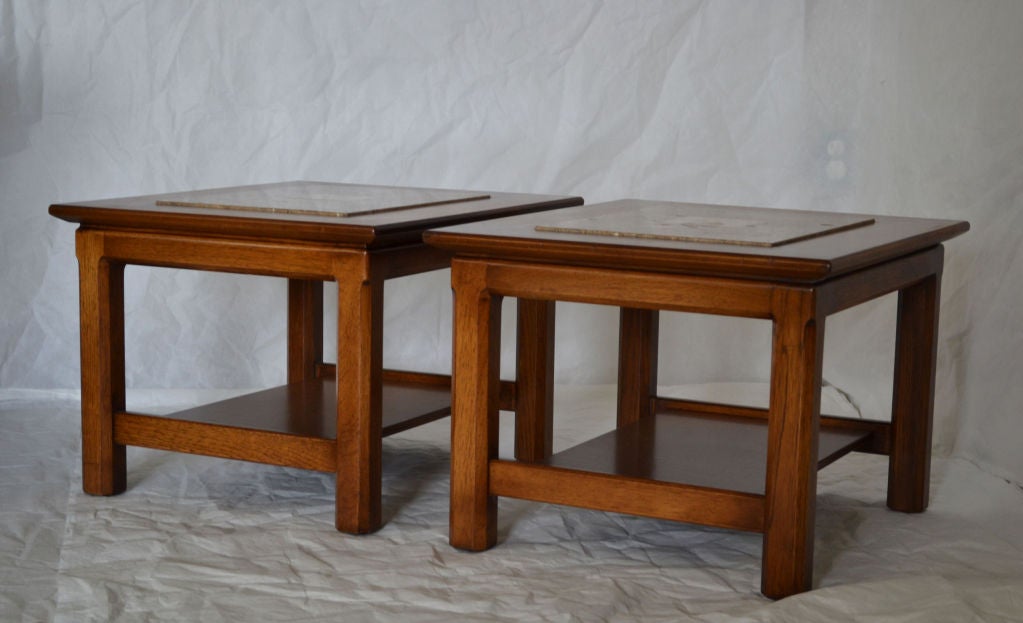 A beautiful pair of classically designed side tables, finely constructed walnut wooden frame with inlaid stone tops.
The frame elements have tapered edges and secondary shelving.
A great look by Brown Saltman for any room.
Located in Laguna