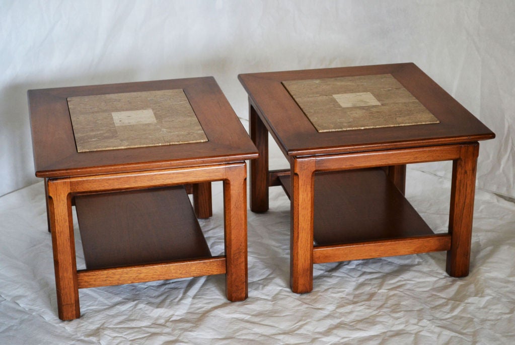 Mid-20th Century Brown Saltman, End Tables with stone inlay.