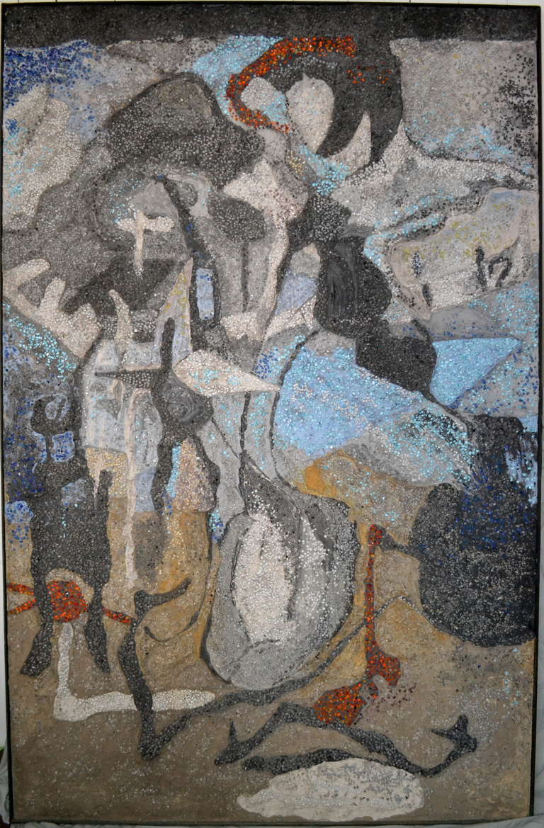 Rare commissioned mosaic panel: . 
Jeanne Reynal (1903- 1983)
Science For Measuring Altitudes
1950
70.5” H. x 45.5” W.
White, black, grey marble; sulphur, blue smalti;
Direct method, sorel cement on board

The mosaic panel is framed in